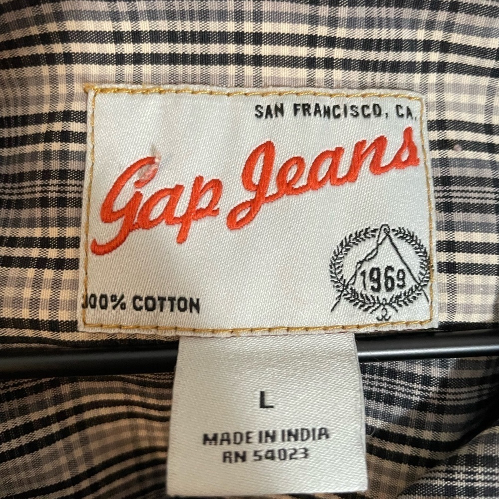 Gap Jeans 1969 Pearl Snap Shirt Large Gray Black Beige Plaid Long Sleeve Y2K - Picture 2 of 9